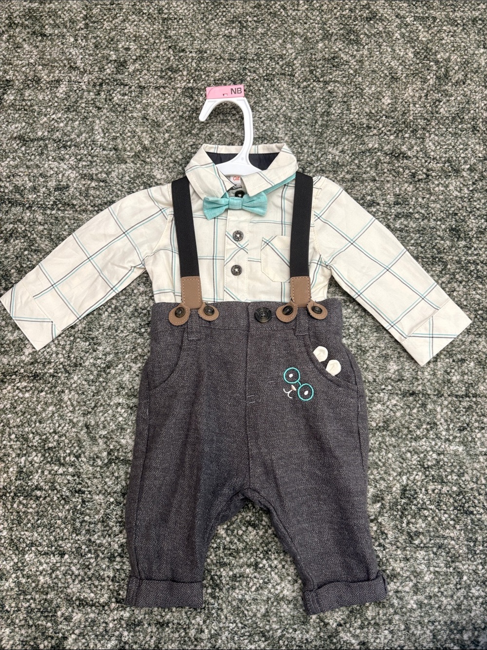 Cat & Jack Cream Plaid Shirt with Teal Bow and Charcoal Suspender Pants Set